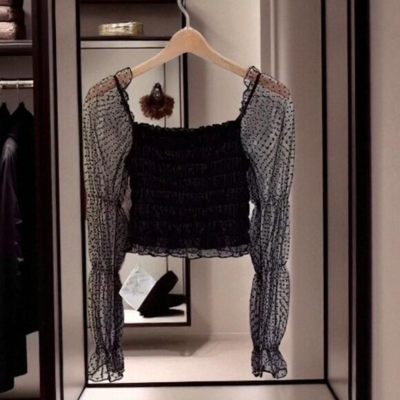 NWT J.ING Jing Black Mesh Smocked Long Sleeve Crop Blouse - Picture 2 of 5